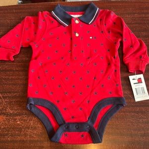 New Tommy Hilfiger long sleeve red onesie with blue stars 3-6 months